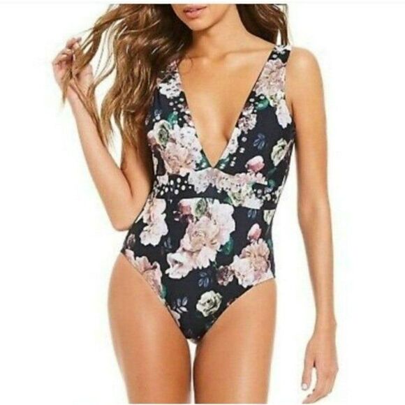 Gianni Bini Plunge Floral Print One-Piece Swimsuit Women's Size Large - Picture 1 of 6